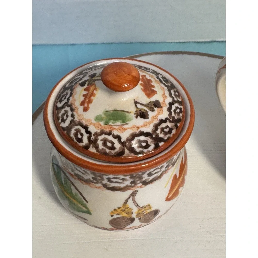 Temp-tations Old World Autumn Tea Serving Set With‎ Tray Fall Leaves Acorns. 6pc